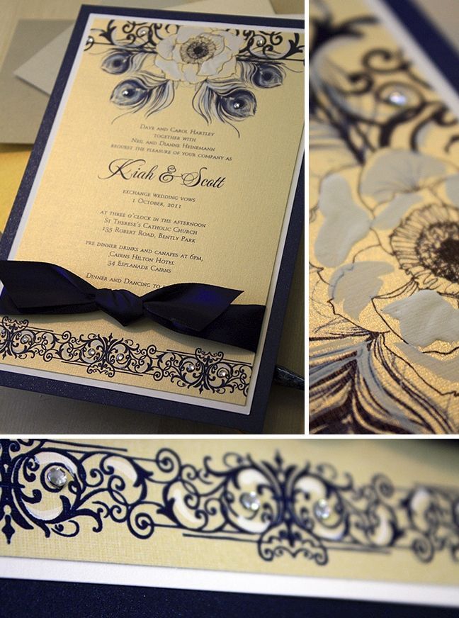 Navy and gold handpainted peacock wedding invitations