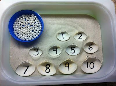 Ocean Unit – clam shells, sand and pearls.  Ideal numbers learning, transferring