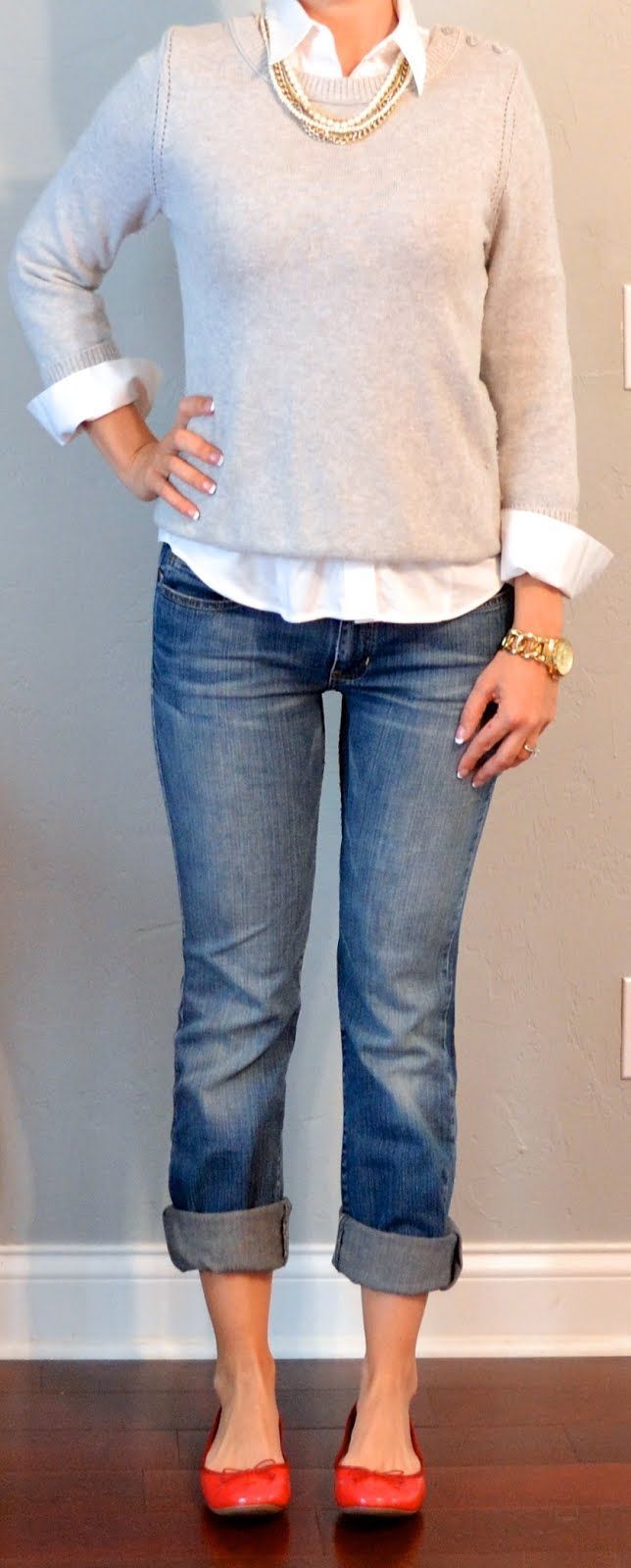 Outfit Posts: outfit post: white button down shirt, grey sweater, boyfriend jean