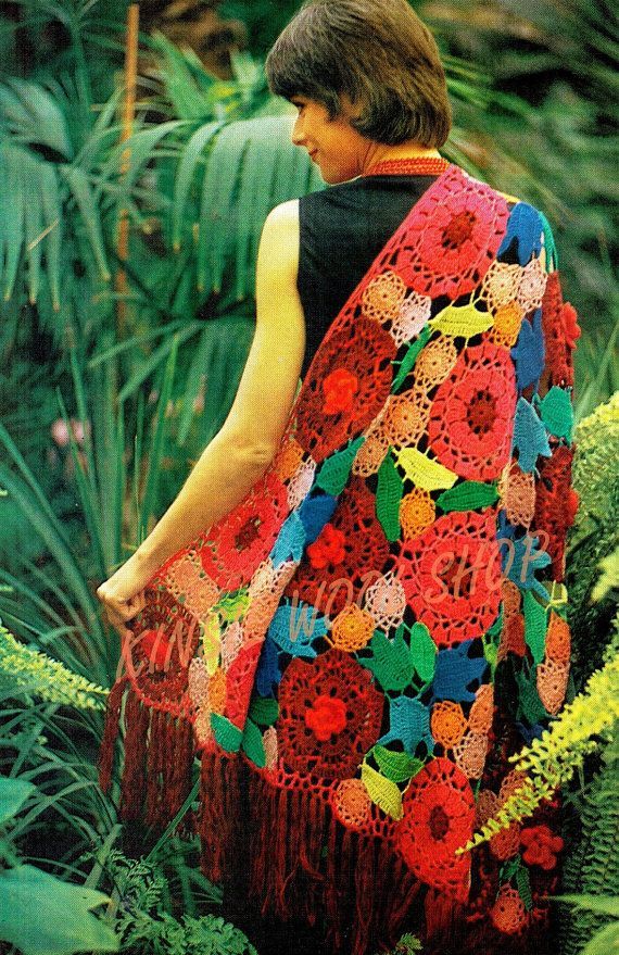 PDF Crochet Pattern – Vintage 70s FLORAL Shawl PATTERN Retro Eco Fashion via Ets