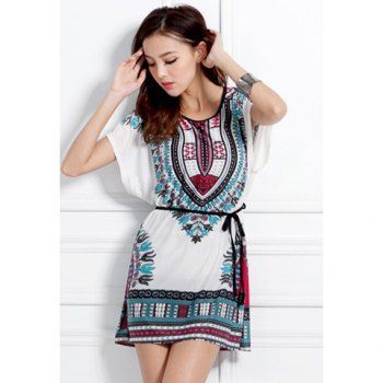 Scoop Neck Bat-Wing Sleeves Ethnic Style Chiffon Special Print Women's Dress
