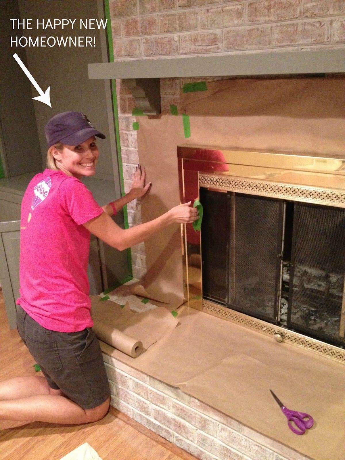 diy on how to white wash your brick hearth and paint the ugly brass fireplace!