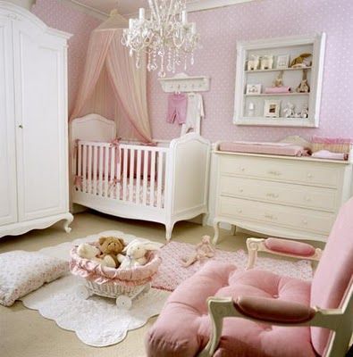 i love white amp; pink nurseries. the chandelier adds the perfect touch of elega