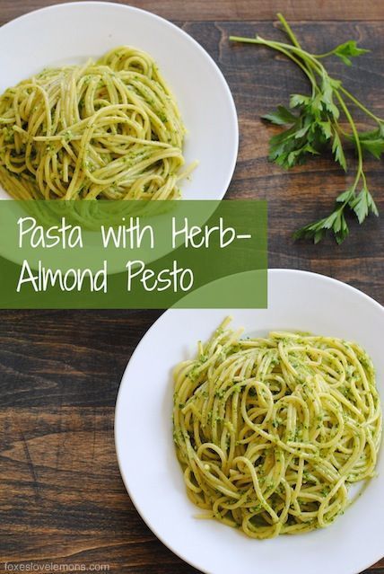 Pasta with Herb-Almond Pesto –  a light and fresh summer spaghetti.