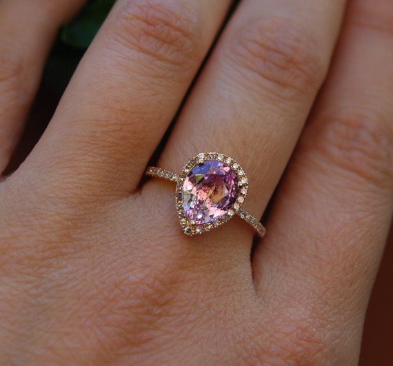 2.2ct Peach pink champagne tear drop sapphire and rose gold diamond engagement r