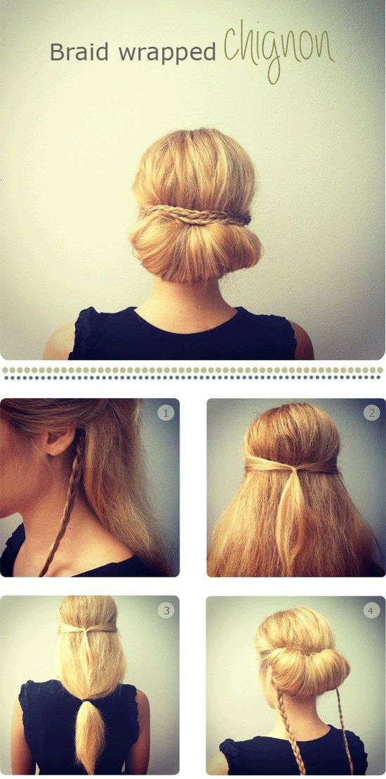 Braid wrapped chignon – A SUPER easy up-do for work or date night.