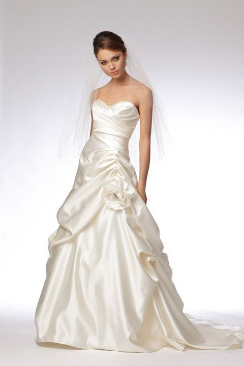 Ball gown floor-length satin bridal gown with hand made flower