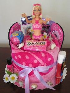 Barbie towel cake- cute idea for a pool party or a gift for a birthday girl.  Co