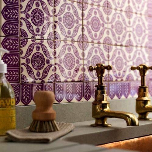 Cadbury purple bathroom tiles + antique gold taps