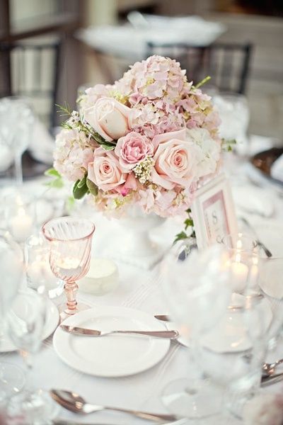 Centerpieces of blush hydrangeas and garden roses, perfect setting for a romanti
