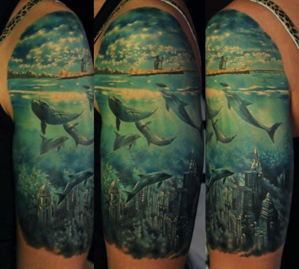 city under the sea tattoo done by Den Yakovlev