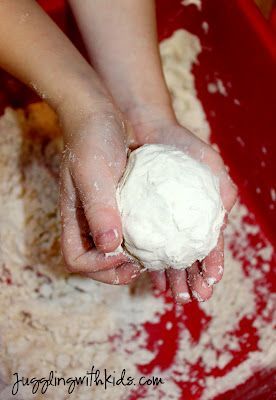 Cloud Dough made with flour and baby oil.  Great sensory idea!!!!