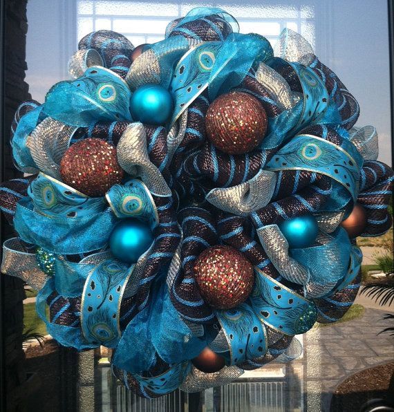 Colors of living room! Deluxe Metallic Brown and Turquoise deco mesh Wreath with