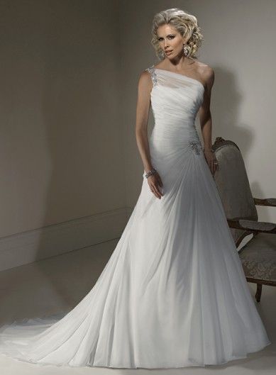 Fashionable One Shoulder Dropped waist Chiffon wedding dress $350.33