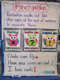 First Grade Glitter and Giggles: Owl Punctuation–Great idea to use classroom th
