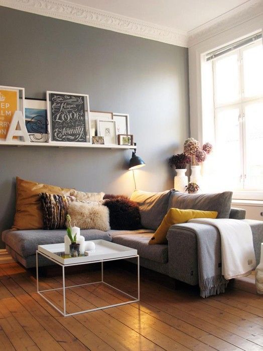 Formal Living Room – grey accent wall with yellow accents