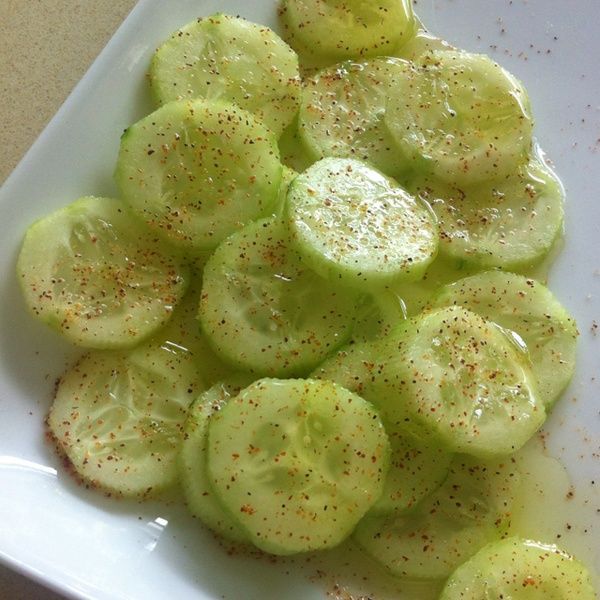 Good snack or side to any meal. Cucumber, lemon juice, olive oil, salt and peppe
