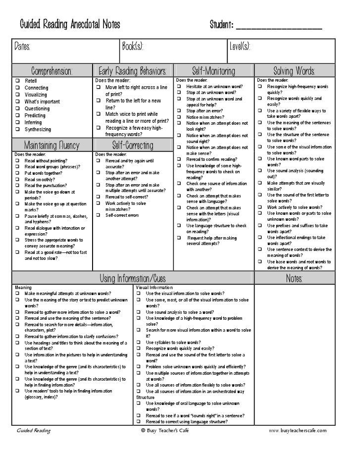 Guided reading observation list.