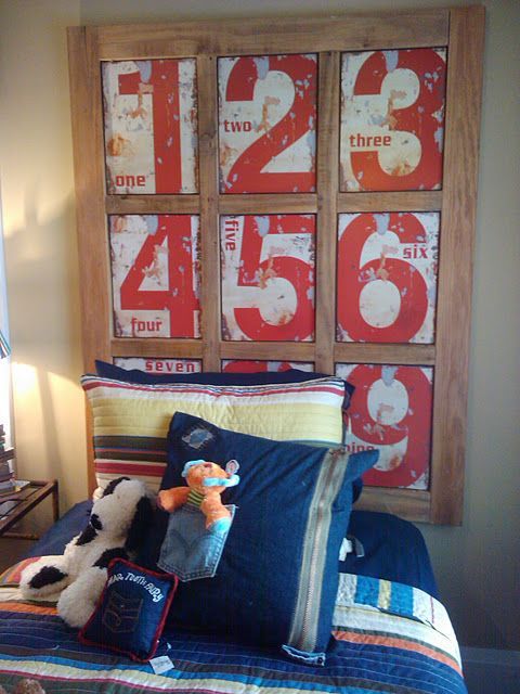 Headboard made from new numbers on tin, made to look old.
