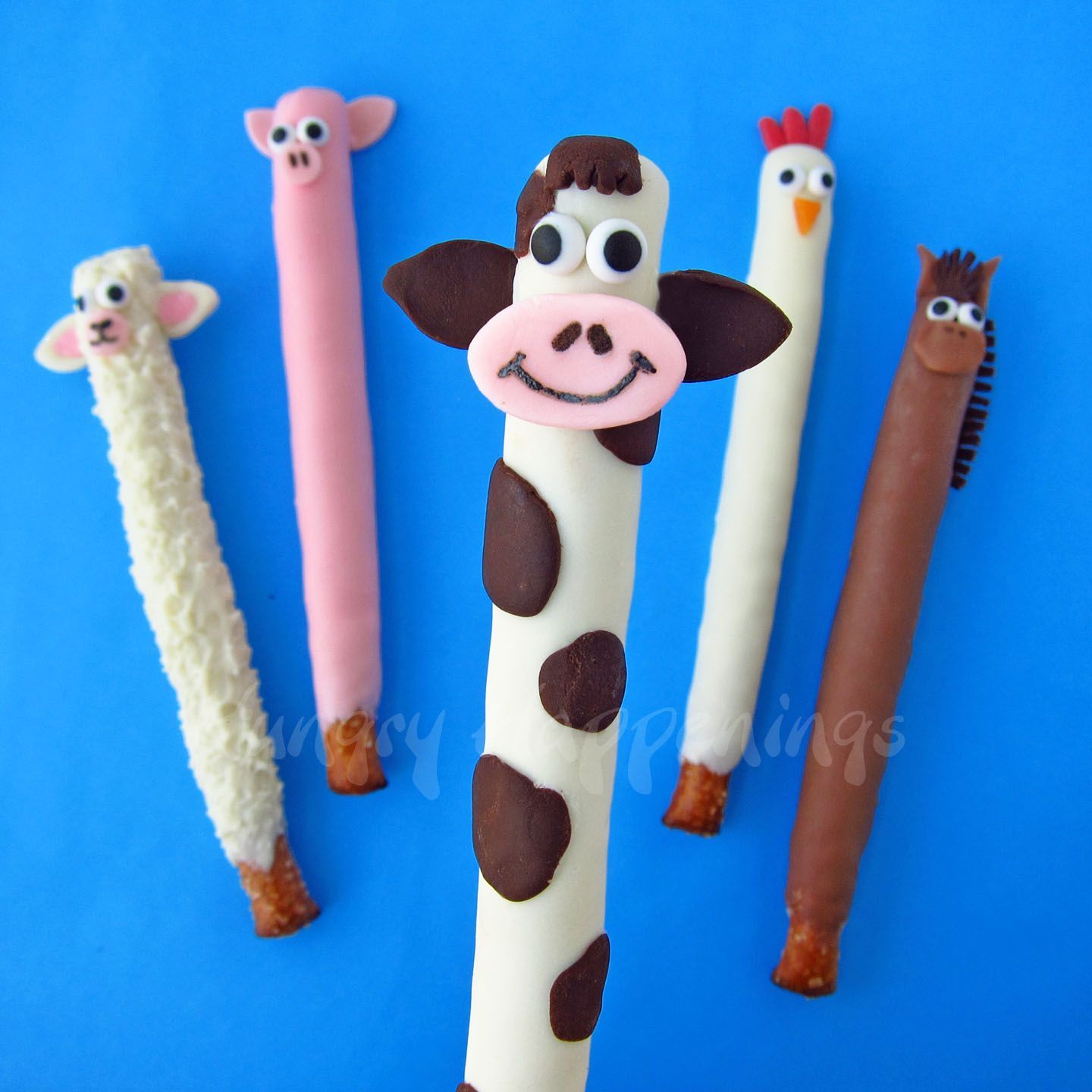 Hungry Happenings: Chocolate Dipped Pretzel Sticks Decorated to look like Farm A