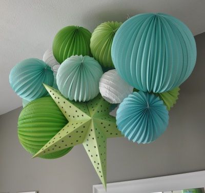 lime green aqua blue and white paper lantern baby nursery ceiling decoration mob