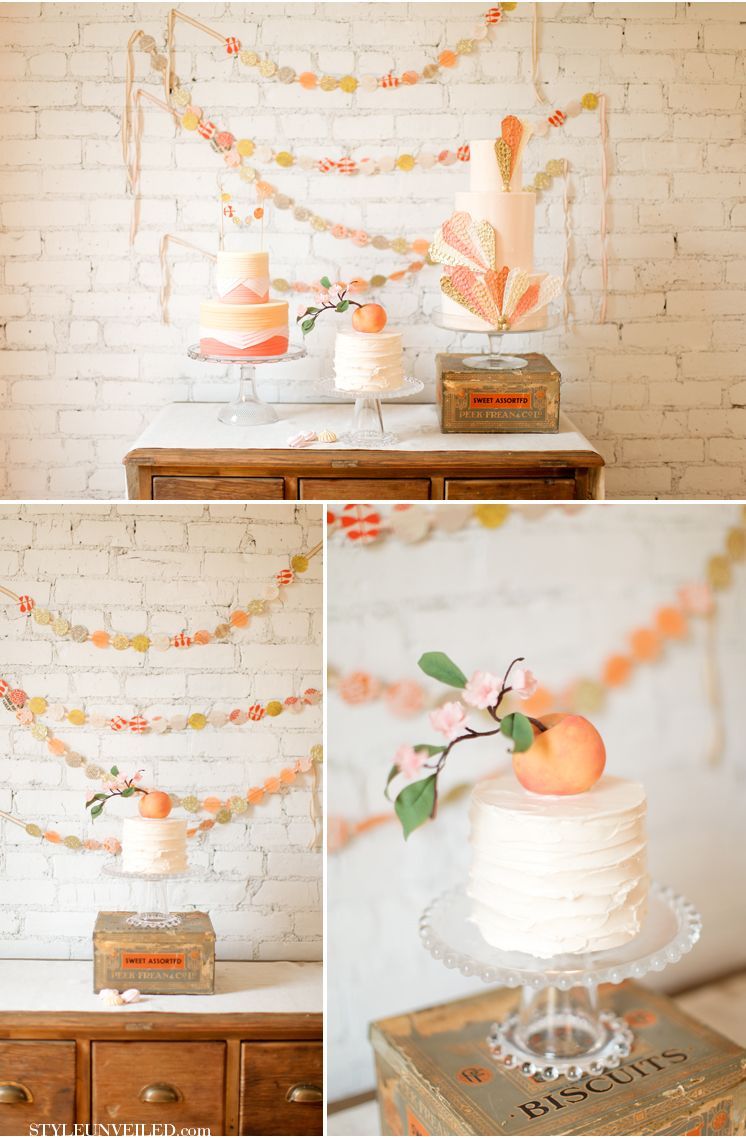 love the peach cake, simple and sweet wedding cake … And polka dotted garland