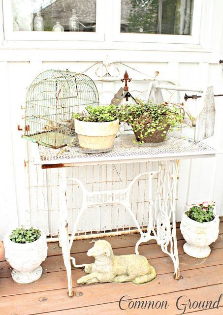 Make a Garden Table from an Old Singer Sewing Machine Bottom – Legs. Painted Whi