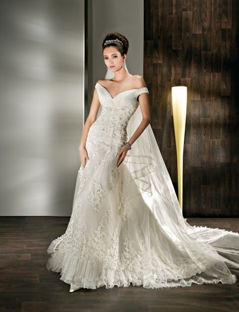 Off shoulder empire waist A-line organza wedding dress