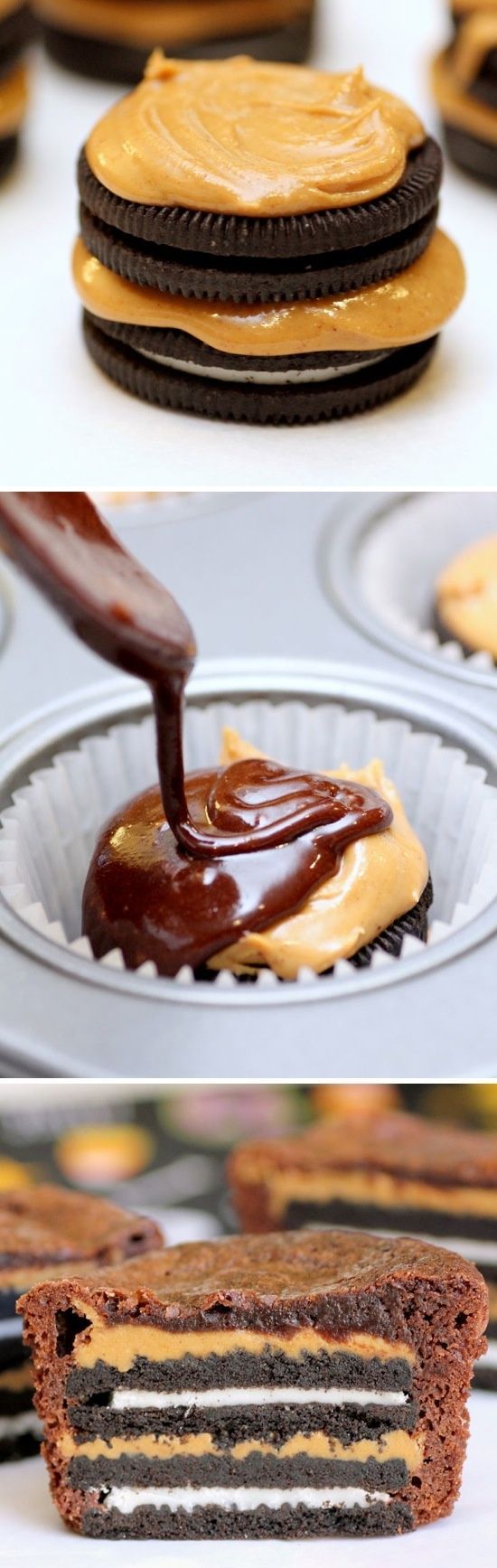 OMG!  Layer in each cupcake cup Oreo cookie, peanut butter 2X and top with brown
