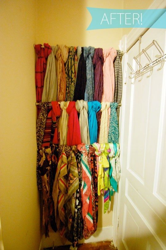 scarf storage using tension rods, and lots of other ideas for storing scarves, t