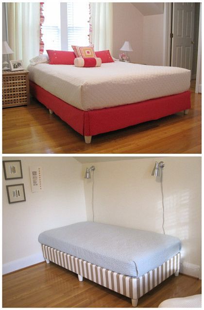 skip the bedframe : staple fabric to the boxspring then add furniture legs