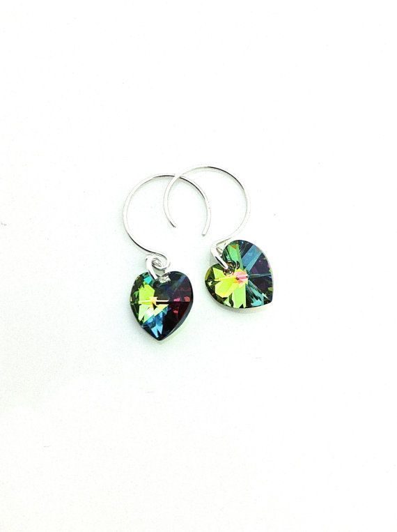 Small colorful sparkly Swarovski crystal hearts on sterling silver ear wire hoop