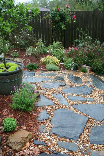 Stones and pea gravel beside the patio, between the rose bushes, with a few pott