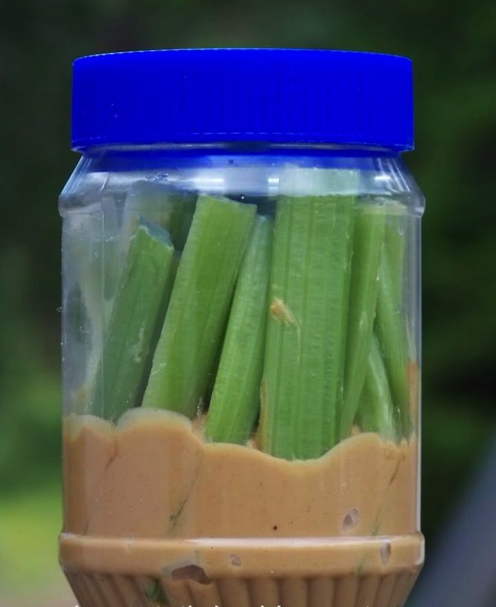 Such a smart travel snack idea: reuse a PB jar and add celery sticks or veggies