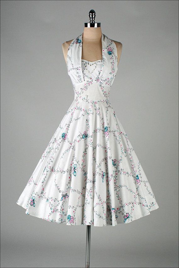 Vintage 1950 White Dress with Butterfly Print