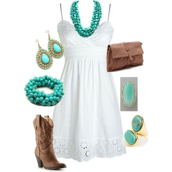 White dress with turquoise accents. Country date night.