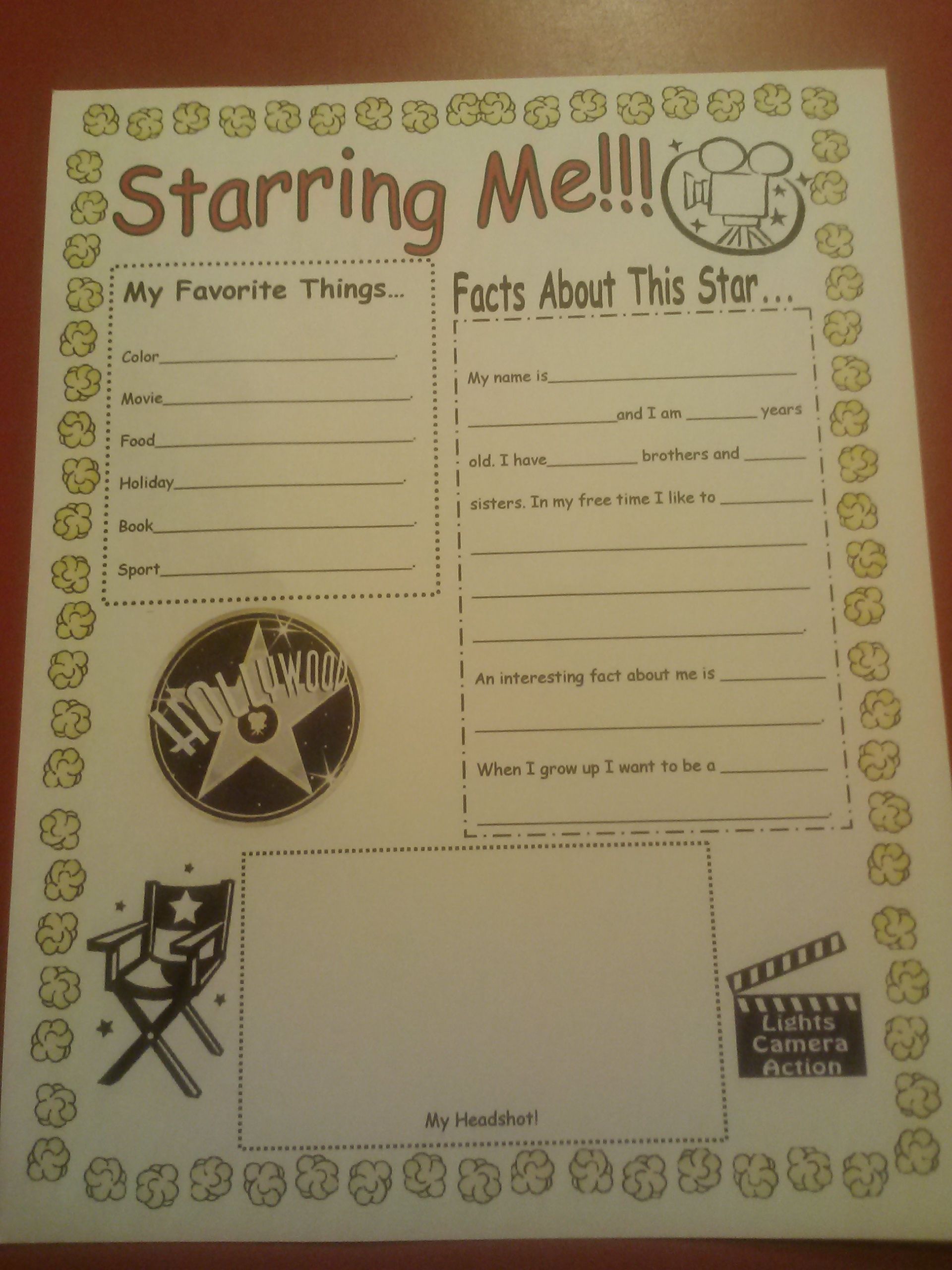 All about me poster for a Hollywood themed classroom. Great for student of the w