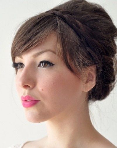Beautiful updo with braided crown and fringe
