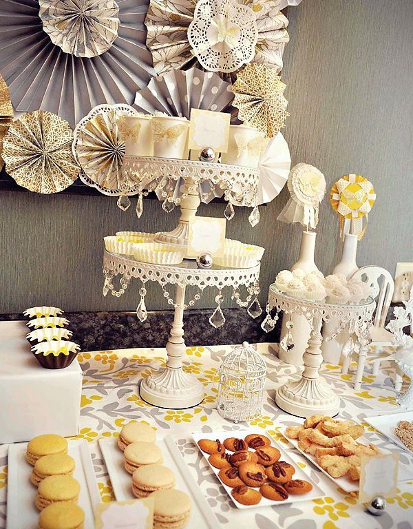Beautifully romantic yellow  gray dessert table #birthday #party #candy #theme #