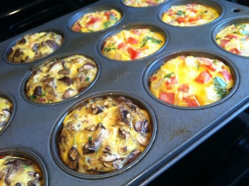 Breakfast omelets to go! Pour egg beaters into a greased cupcake pan, then add t