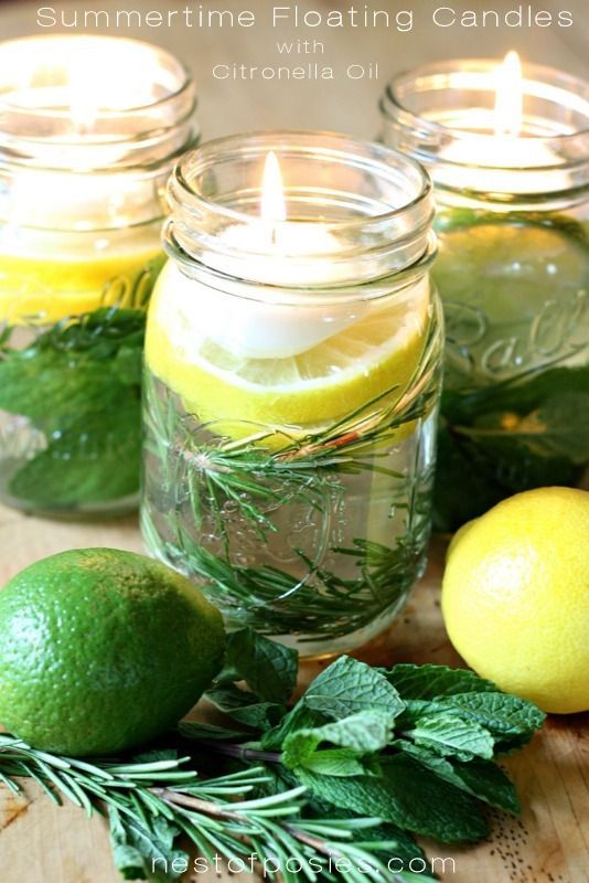 Bug Off in a Mason Jar! Add floating candles, citronella oil, mint, lemon, lime,