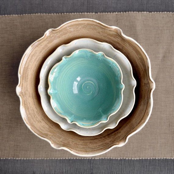 ceramic nesting bowls set of 3 flower shape handmade serving bowls brown turquoi