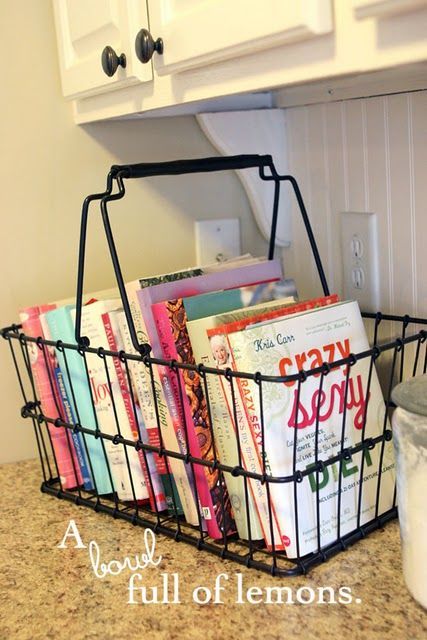 Cookbook storage for the counter top…gotta love this look. You could also pick