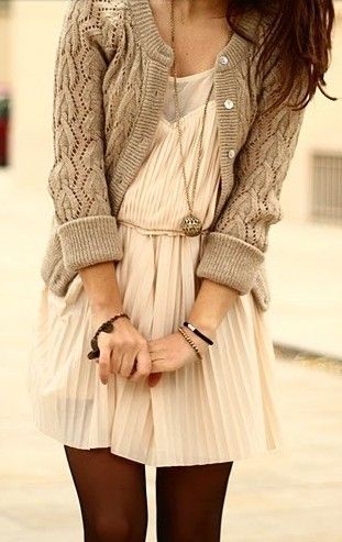 creme dress, cable knit sweater