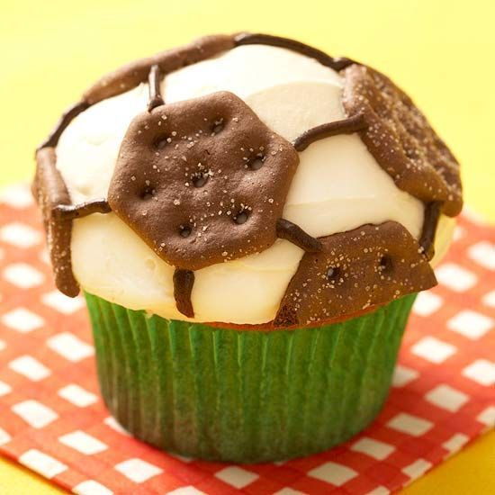 Decorate cupcakes with chocolate wafer cookies for a treat your soccer star will