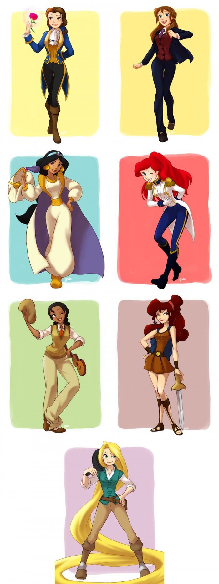 Disney princesses borrow their princes outfits. Cute!