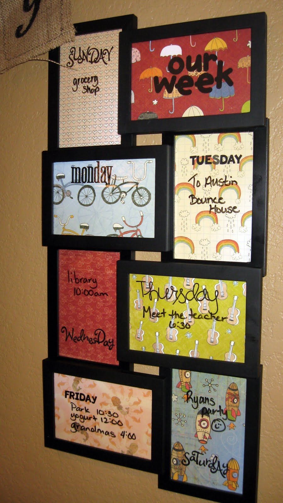 DIY Weekly dry-erase board.  This is actually a collage frame from walmart that