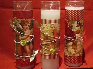 Dress up some of those tall $1 candles with old Christmas cards and some scrapbo