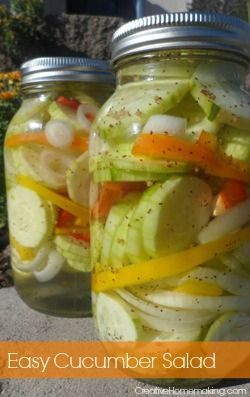 Easy summer cucumber salad mixed with bell peppers, onions, and vinegar dressing