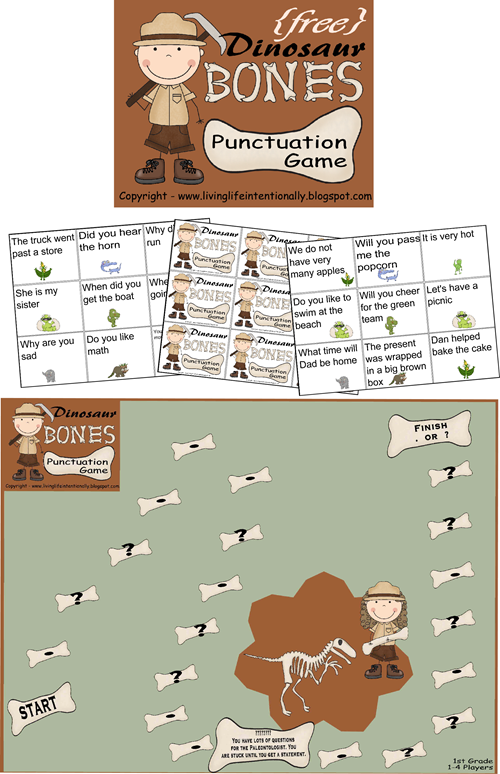 Free printable dinosaur bones punctuation game. This game is geared at 1st grade
